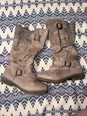 Kids Taupe Mid-Calf Knit-Cuff Buckle Boots